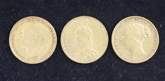 Three Victoria gold sovereigns,
